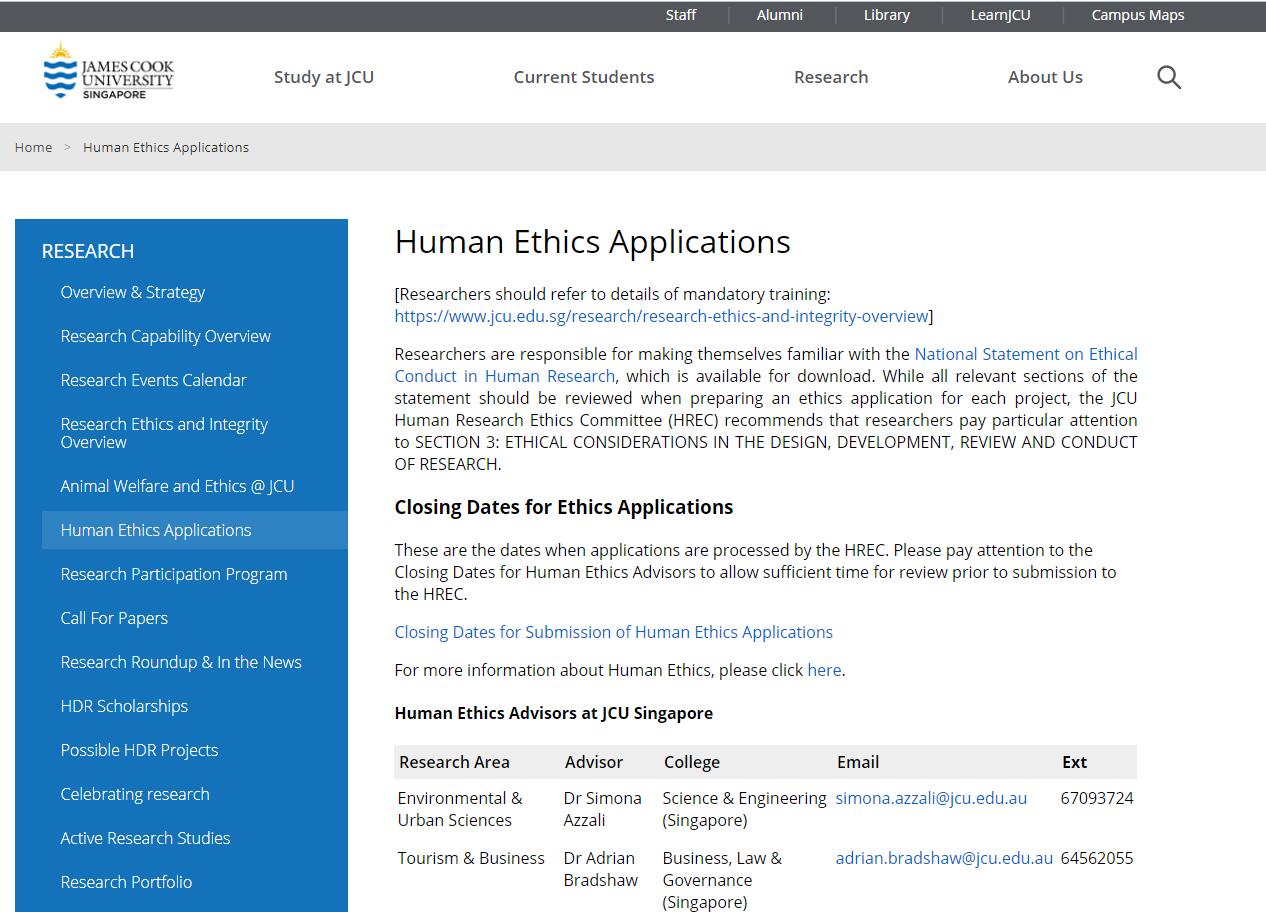Human Ethics Applications - JCU Singapore